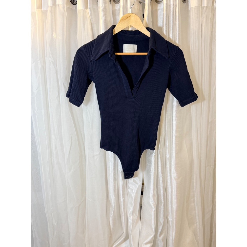 Citizens of Humanity Bodysuit Womens S Navy Ribbed Polo V-Neck Short Sleeve